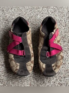 Coach Brown Signature Canvas Sneakers with Pink Straps